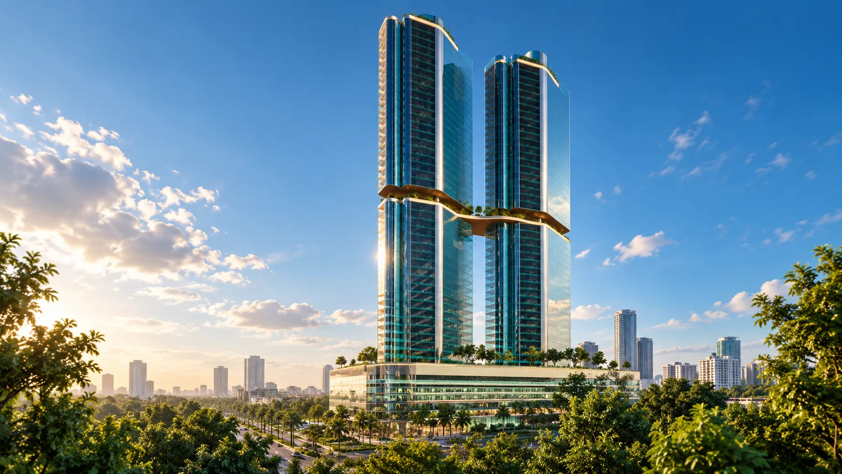 Concept visualisation of the proposed Thalawathugoda High-Rise Mixed Development: twin glass towers joined by a landscaped sky bridge, set above a green city skyline in daylight.